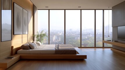 A minimalist bedroom boasts a wooden bed frame, floor-to-ceiling windows, neutral décor, and hardwood flooring. The modern interior design is depicted in a realistic 3D rendering.