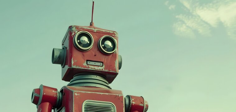 A vintage red robot stands tall against a clear sky, showcasing a charming retro design with expressive features.