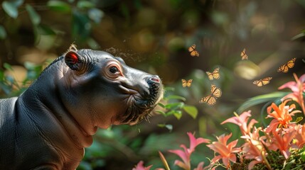 Obraz premium Baby Hippo's Butterfly Garden: A heartwarming image of a young hippopotamus amidst vibrant flowers and fluttering butterflies, capturing a moment of serene beauty in nature.
