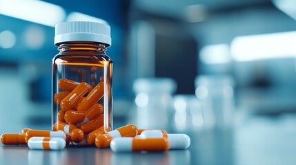 Orange and white capsules in a clear bottle on a blurred background.
