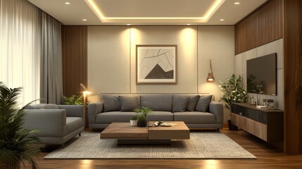 A modern living room design with a cream-colored wall, grey sofa, and wooden flooring.