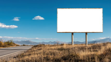 Transparent billboard in rural field with blue sky and dry grass landscape