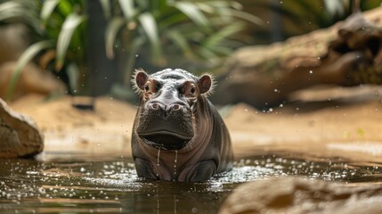 Fototapeta premium Hippopotamus Splash: A majestic hippopotamus emerges from the water, its sleek, wet hide glistening in the sunlight. This captivating image captures the hippo's power and grace.