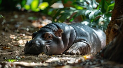 Obraz premium Pygmy Hippo Calf in Lush Rainforest Habitat 
