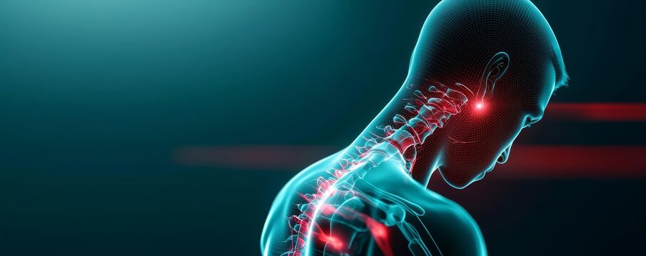 Illustration of human neck structure with highlighted spinal features.