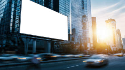 Transparent billboard on busy city street with tall buildings and traffic at sunset
