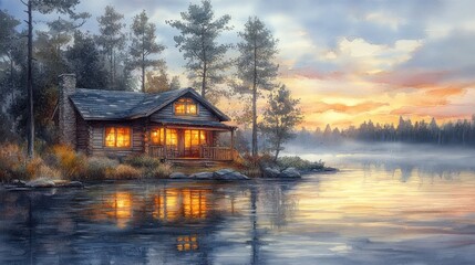 Fototapeta premium Cabin by the Lake at Sunset