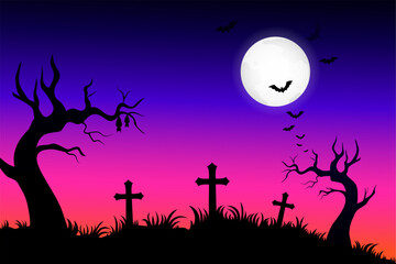 Halloween background with graveyard cross and dead tree silhouette, vector design  