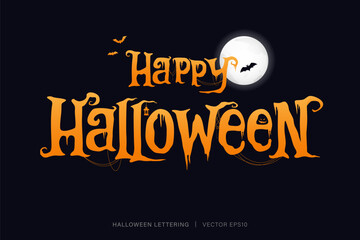 Happy Halloween text lettering typography with moon and bat decoration on dark black background 