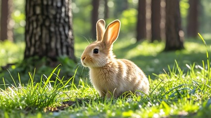 Obraz premium Cute little bunny on the grassland in the forest, spring and summer background, Easter, farm