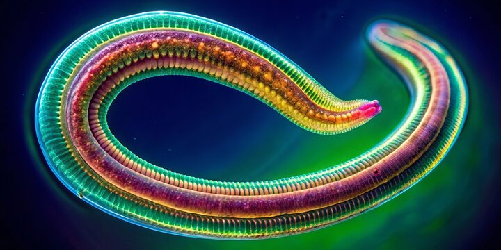 Magnified view of a hookworm specimen, showcasing its anatomical features and structure, ideal for educational and