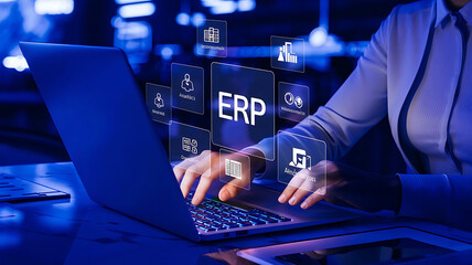 ERP (Enterprise Resource Planning) interface on a laptop. Businessman using a computer to document management for ERP.  Resource Planning,