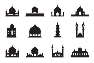 Set of vector Mosque silhouette vector, Islamic religious elements collection, icons for prayer.  Islamic religious symbol black and white 