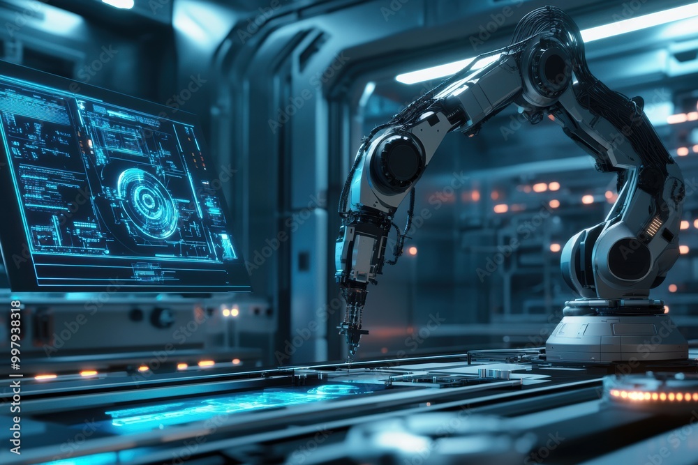 Poster In a cutting-edge lab, a robotic arm expertly assembles complex machinery while surrounded by glowing panels and holograms. Generative AI