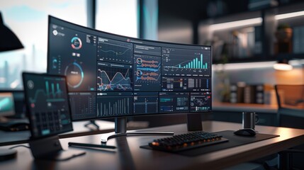 Data Driven Decisions: A modern, sleek office workspace featuring a large curved monitor displaying complex data dashboards, highlighting the intersection of technology and data analysis.  