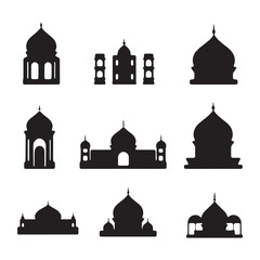 Set of vector Mosque silhouette vector, Islamic religious elements collection, icons for prayer.  Islamic religious symbol black and white 