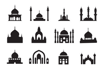 Set of vector Mosque silhouette vector, Islamic religious elements collection, icons for prayer.  Islamic religious symbol black and white 