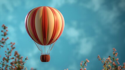 Obraz premium Hot Air Balloon Flying Over Blue Sky with Flowers in Foreground