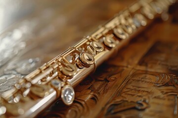 Fototapeta premium A gold colored flute is displayed on a wooden surface