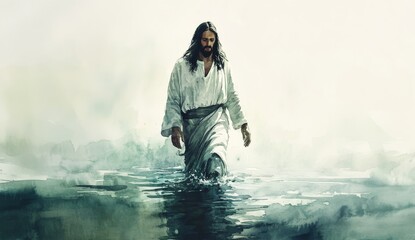 Jesus Christ walks on water, a testament to his divine power. .