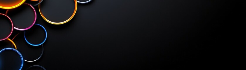 Abstract Circles on Black: A mesmerizing abstract design featuring a cluster of colorful circles, rendered in a 3D style, against a stark black background.  The composition is dynamic and playful.
