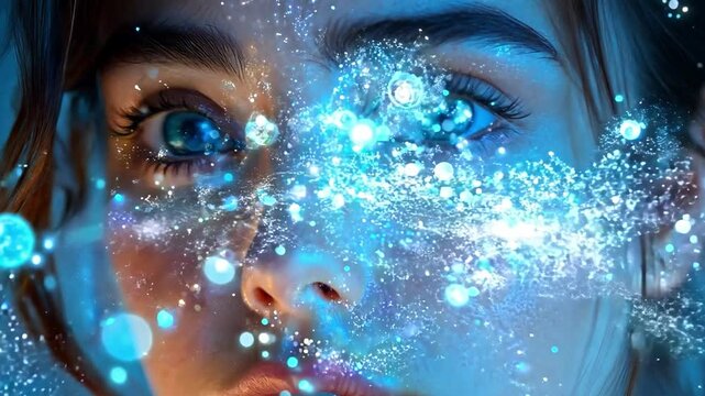 A young woman with striking blue eyes is immersed in a mesmerizing blue glow, creating an enchanting and futuristic atmosphere filled with wonder.