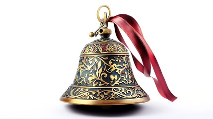 An ornate Christmas bell with intricate patterns and ribbon accents