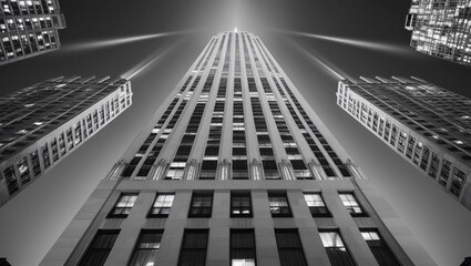 Fototapeta premium black and white photo of modern tall buildings with lights on the roof. Bottom-up view