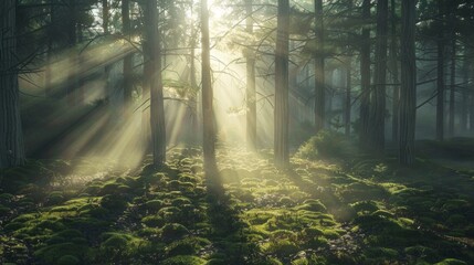 Obraz premium The sun is shining through the trees, casting a warm glow on the forest floor