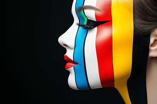 Woman with a colorful face paint. She has a red lip and blue eyes. face paint is in the shape of a zebra. female model dressed in colors stripes on her face, in the style of abstract coloris - Powered by Adobe