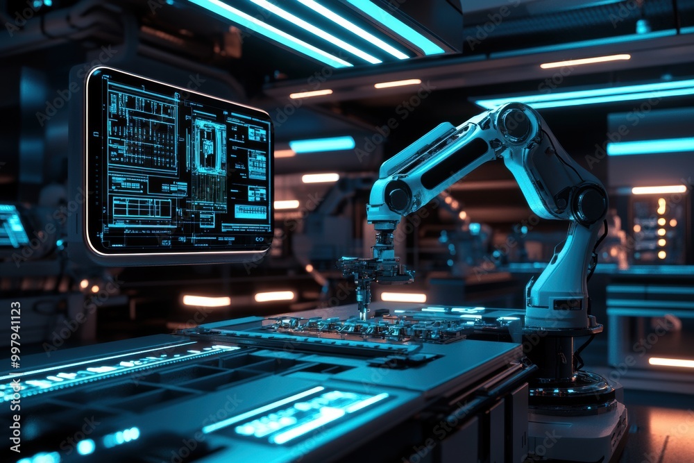 Poster in a sleek, advanced laboratory, a robotic arm expertly assembles complex machinery guided by bright