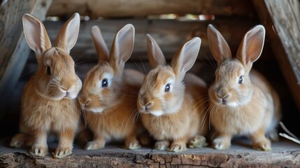 Fototapeta premium Four cute rabbits sit side by side on a rabbit farm, showcasing their soft fur and playful expressions in a natural, sunny environment