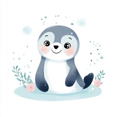 Obraz premium Cute and cheerful seal illustration with a playful expression, surrounded by flowers and bubbles on a soft background.