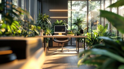A tranquil workspace with plants and soft lighting promoting harmony and well-being