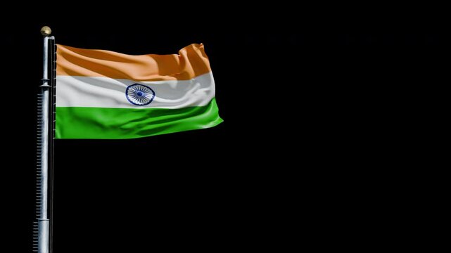 Raising the flag of India, transparent background, 3d animation 4k alpha channel