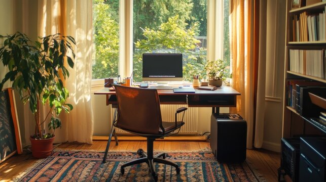 A balanced routine portrayed with morning yoga and an organized home office setup