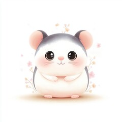 Fototapeta premium Cute and fluffy cartoon hamster with big eyes surrounded by pastel flowers, perfect for children's designs and animal lovers.