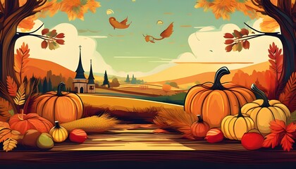 Thanksgiving Day Background with Many Objects. Happy Halloween Thanksgiving October Ideas for Graphical Resources Flat Vector Design