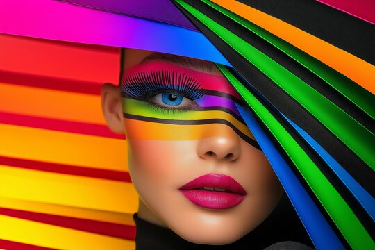 Woman with a colorful face paint. She has a red lip and blue eyes. face paint is in the shape of a zebra. female model dressed in colors stripes on her face, in the style of abstract coloris - Powered by Adobe