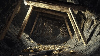 Fototapeta premium Abandoned gold mineshaft with beams precariously balanced over a deep pit of forgotten riches