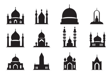 Set of vector Mosque silhouette vector, Islamic religious elements collection, icons for prayer.  Islamic religious symbol black and white 