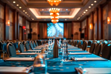 Rows of tables are neatly arranged for a business conference, featuring water bottles and stationery, set in an elegant, well lit venue