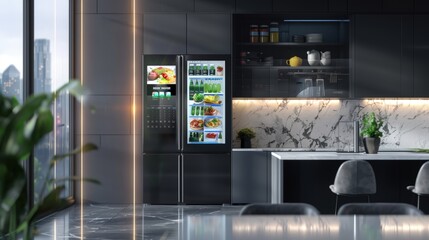 Smart Kitchen Luxury: Sleek, modern refrigerator with integrated touchscreen and beverage dispenser in a stylish contemporary kitchen setting.  Enjoy the ultimate in kitchen technology and design. 