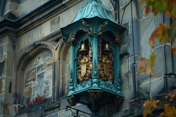 Obraz premium A green lantern with gold accents sits on a building