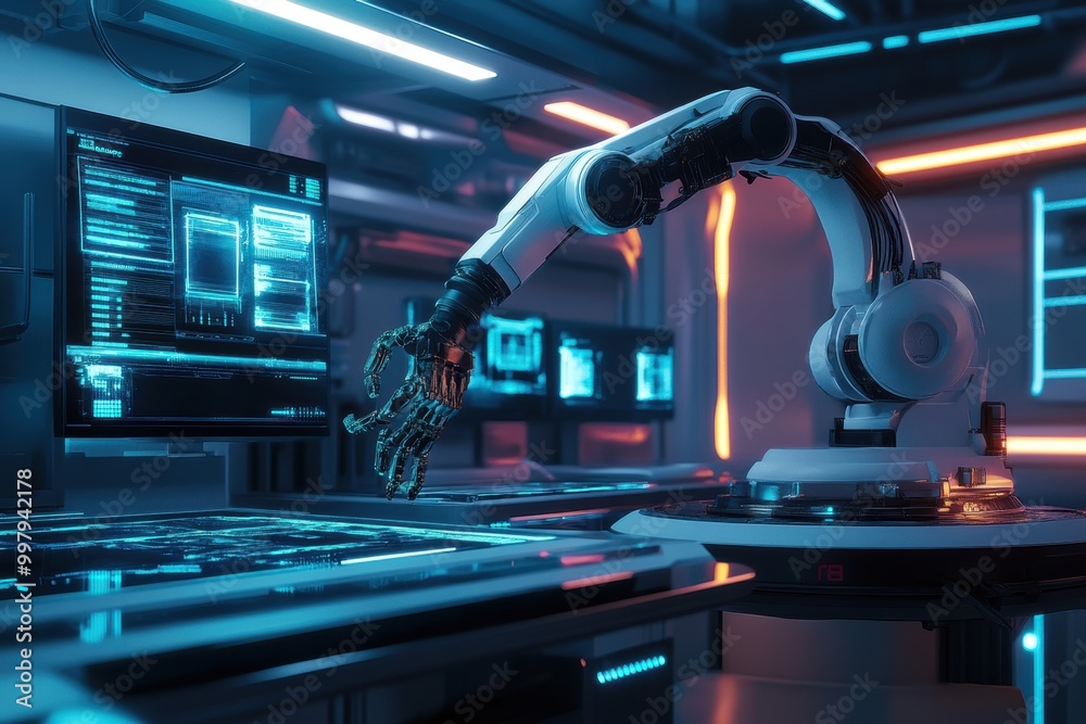 Poster A robotic arm efficiently assembles advanced machinery in a modern lab featuring illuminated panels and interactive holograms. Generative AI