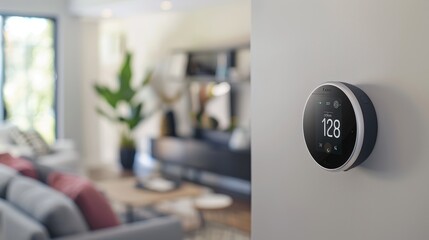 Smart Home Thermostat in Modern Living Room: A sleek, modern thermostat seamlessly blends into a contemporary living room setting, showcasing smart home technology and comfort. 