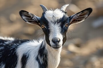 Fototapeta premium A goat with a black and white face is staring at the camera