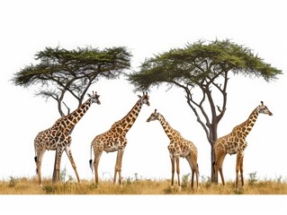 Obraz premium Four Giraffes Standing Tall in the Savannah Isolated On White Background