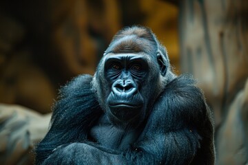 Obraz premium A gorilla is sitting on a rock with its head down