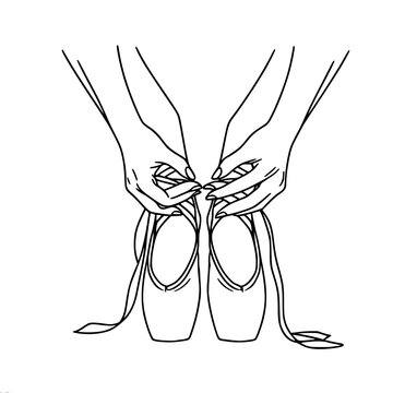 recommend clip art: Line drawing of feet and hands of ballerina tying pointe shoes, close up, single line outline vector drawing